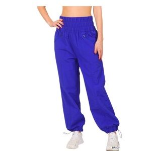 Zenana Windbreaker Smocked Pant Size XL Blue High Waist Pull On Front Pockets